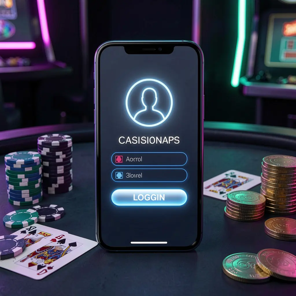 4P4P casino app login screen on a smartphone with a glowing user profile icon, surrounded by poker chips, playing cards, and coins against an elegant dark background with neon highlights