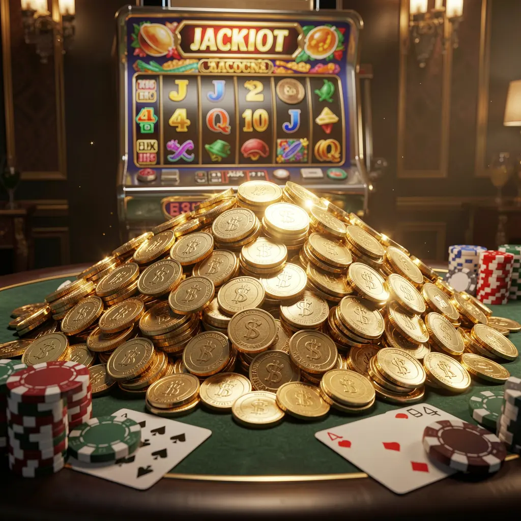 4P4P online casino jackpot bonus scene featuring a massive pile of golden coins, a slot machine in the background with glowing jackpot lights, poker chips and playing cards on a luxury table under dramatic cinematic lighting