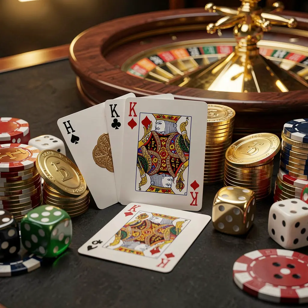 4P4P elegant online casino homepage featuring royal flush cards, dice, golden coins, poker chips on a dark table with a glowing roulette wheel in the background in a cinematic 3D render